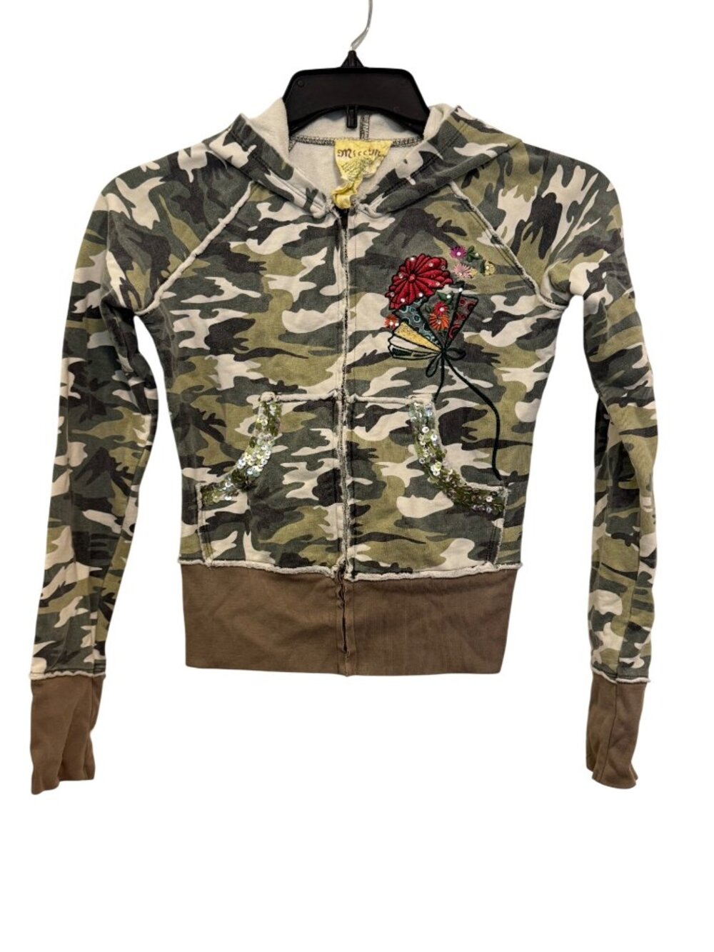 Miss Me Camo Hoodie With Embroidered Floral Design & Sequins Small - Picture 2 of 8